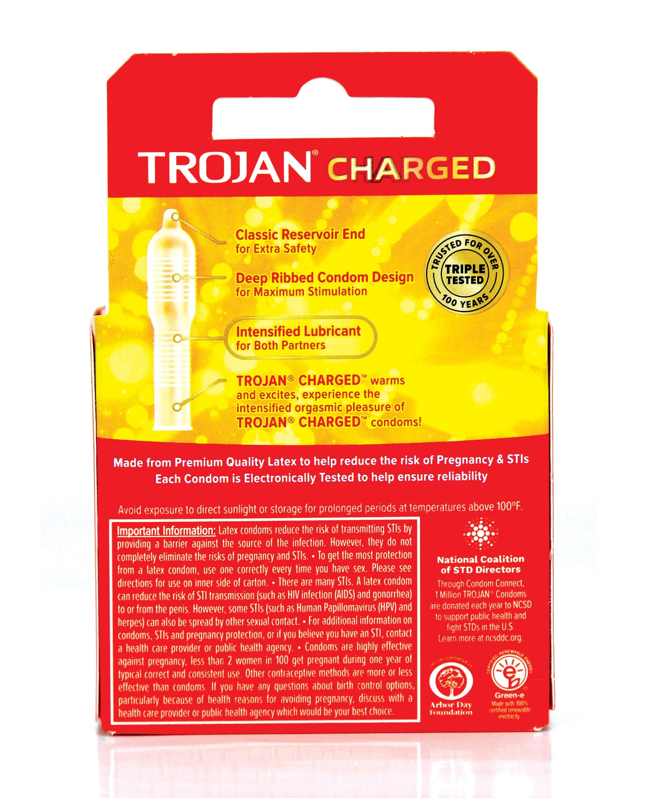 Trojan Intensified Charged Box 3 condoms with deep ridges and intensified lubricant for enhanced pleasure.