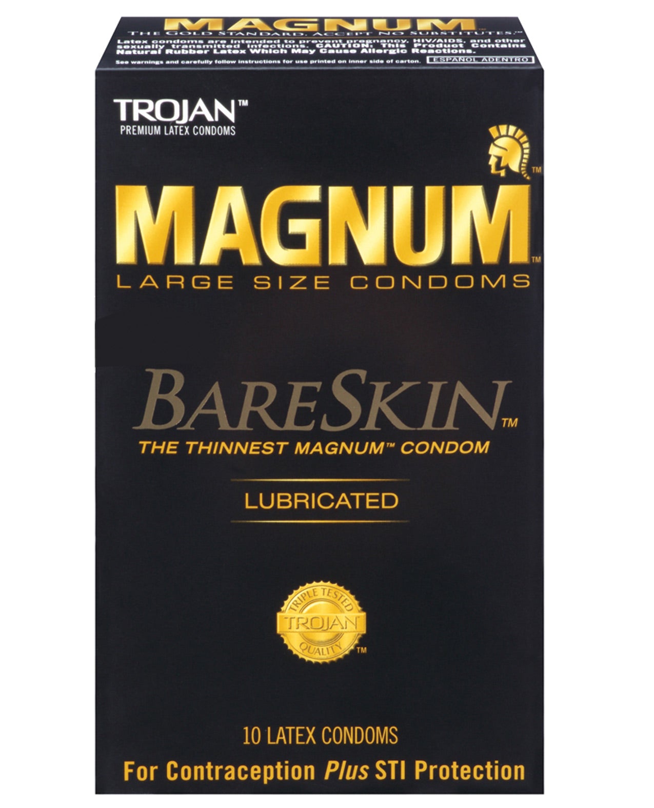 Trojan Magnum BareSkin Box of 10 condoms, featuring a sleek design and highlighting its thinness for enhanced sensitivity.