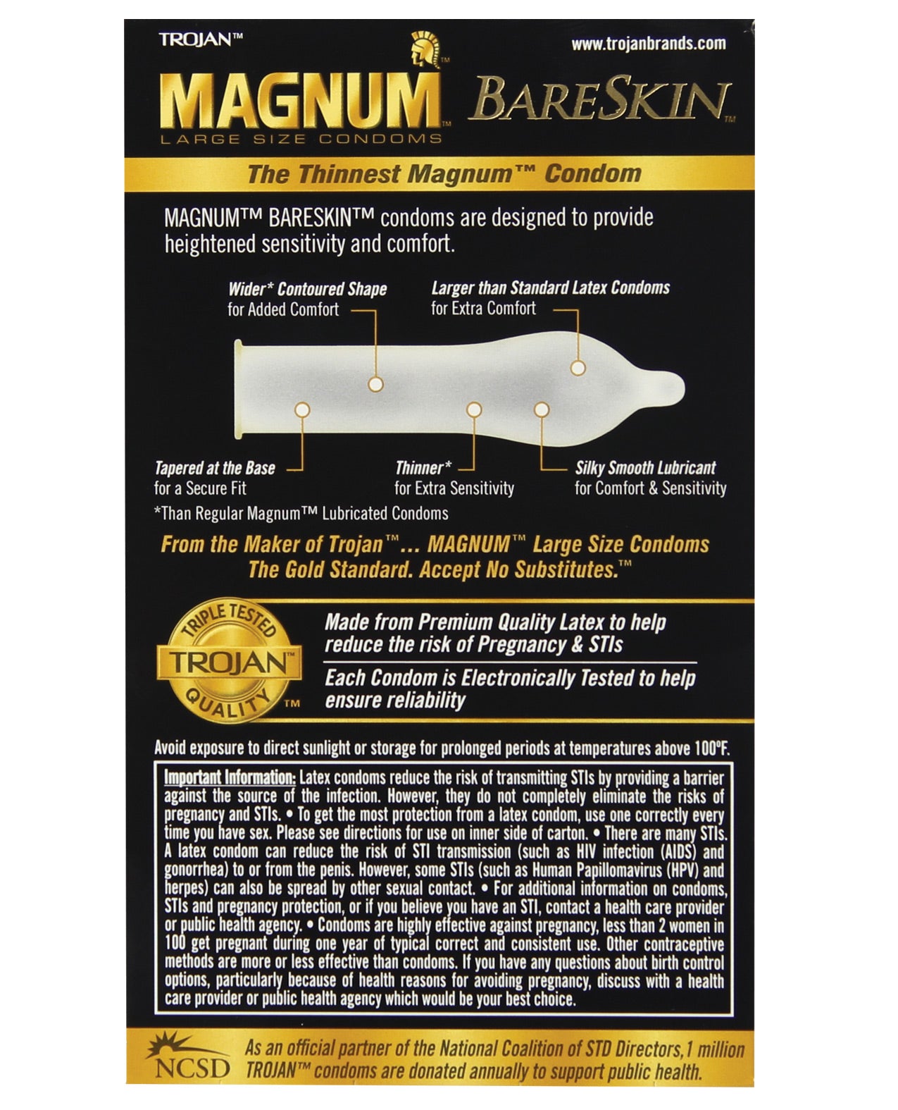 Trojan Magnum BareSkin Box of 10 condoms, featuring a sleek design and highlighting its thinness for enhanced sensitivity.