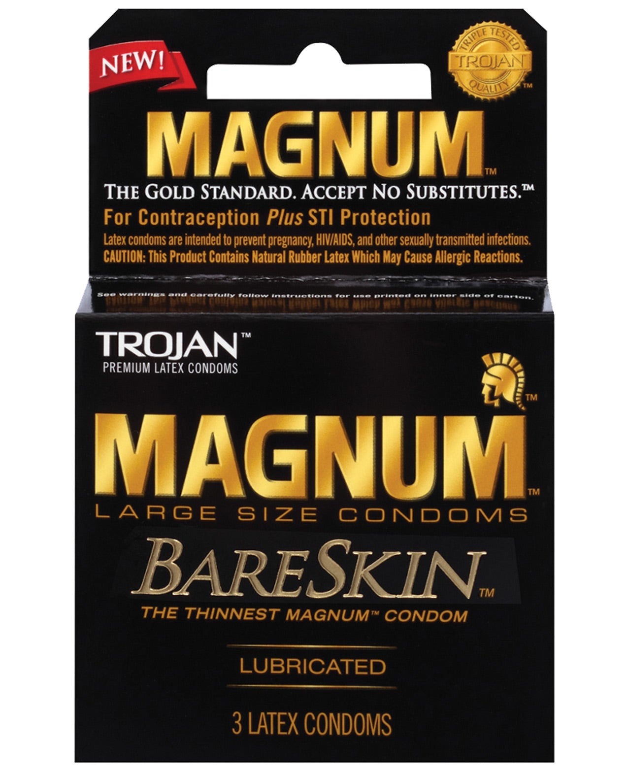 Trojan Magnum BareSkin Box of 3 condoms featuring a sleek design and clear packaging, showcasing the thinnest MAGNUM condom for heightened sensitivity.