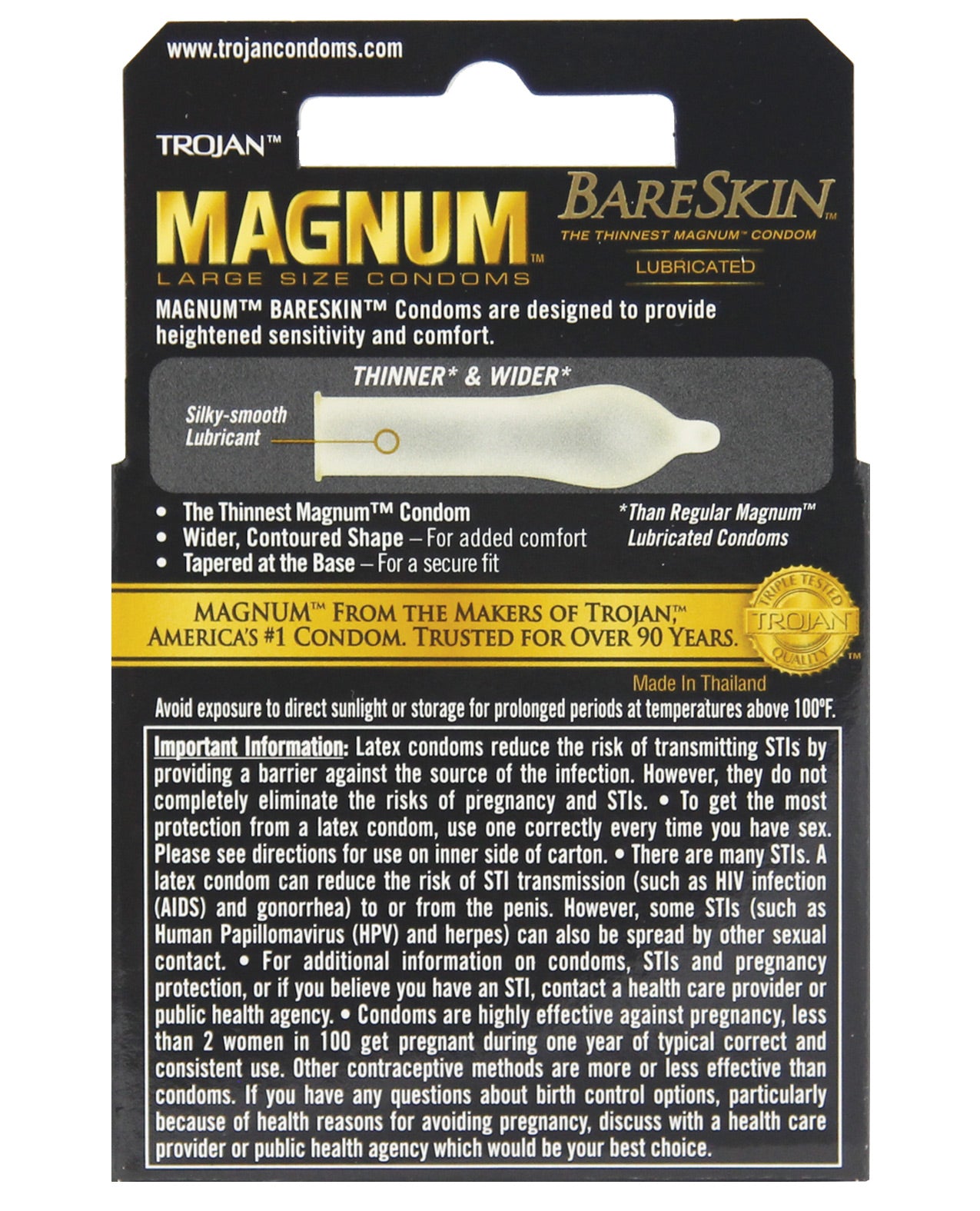 Trojan Magnum BareSkin Box of 3 condoms featuring a sleek design and clear packaging, showcasing the thinnest MAGNUM condom for heightened sensitivity.