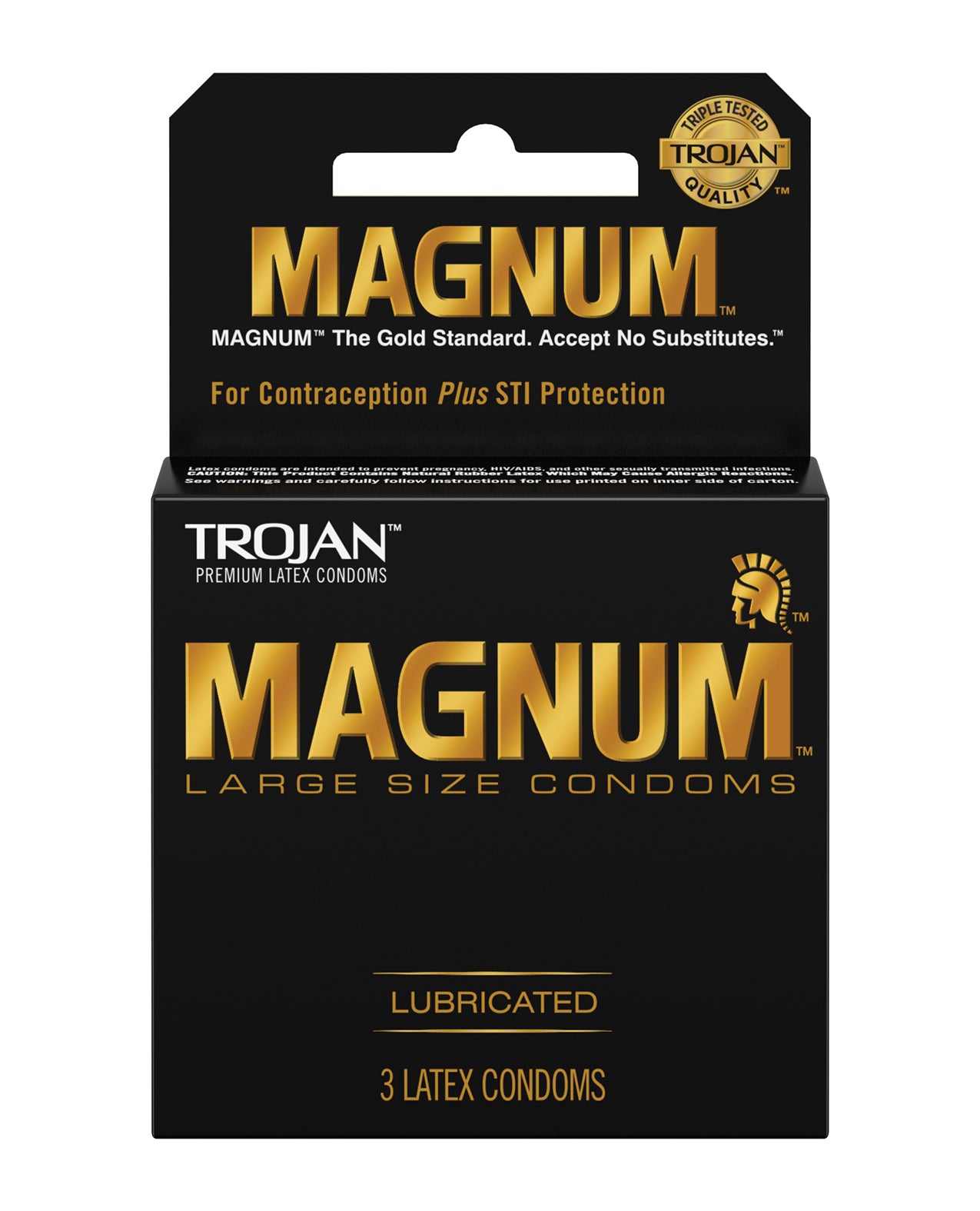 Trojan Magnum Box 3 featuring lubricated, larger latex condoms designed for comfort and sensitivity.