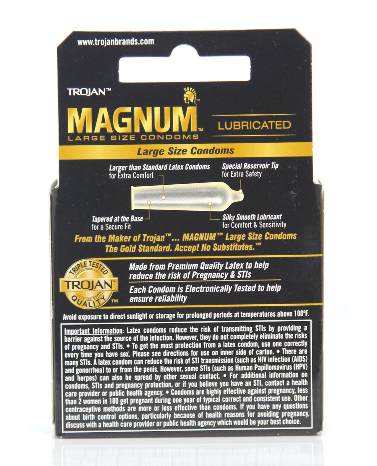 Trojan Magnum Box 3 featuring lubricated, larger latex condoms designed for comfort and sensitivity.