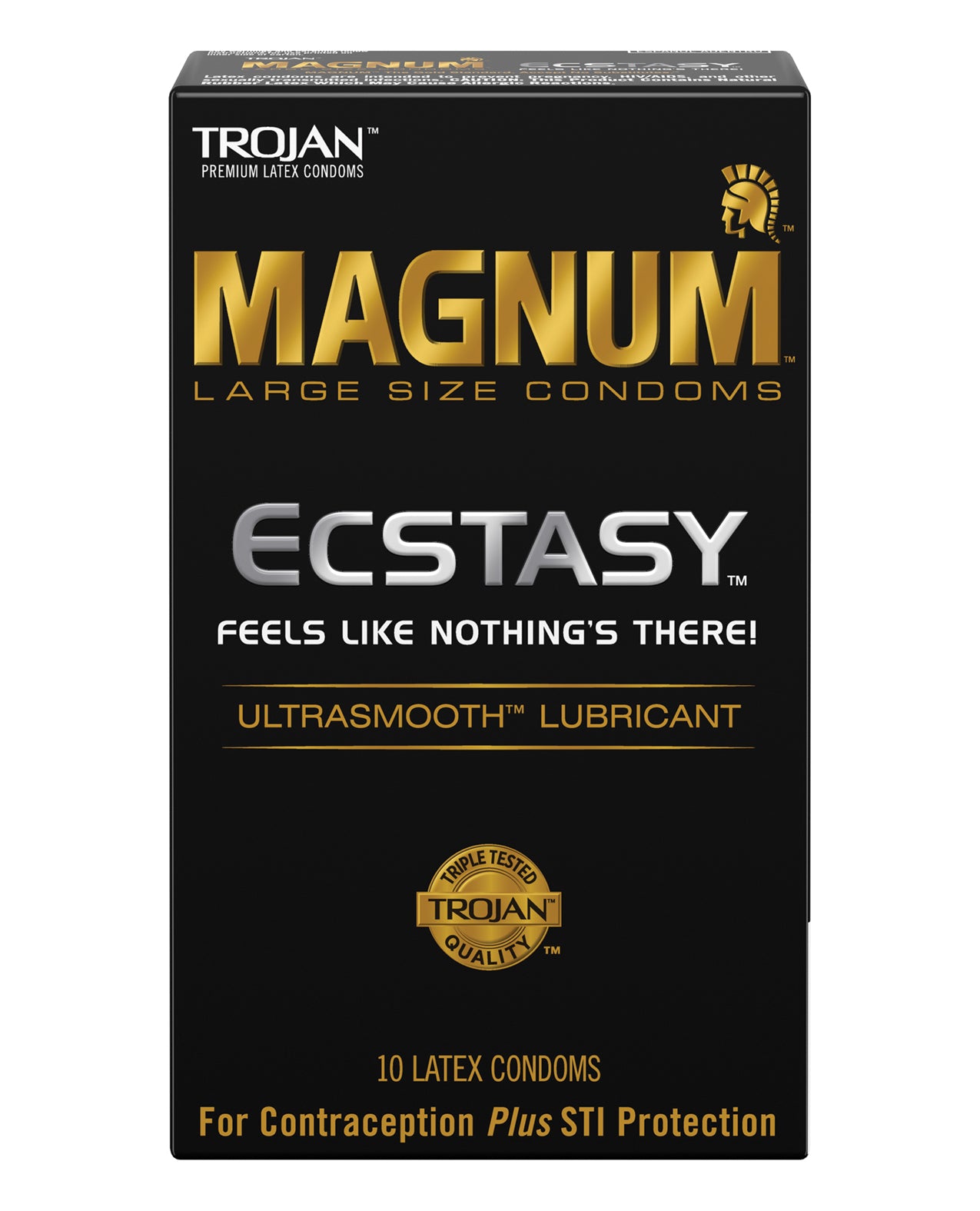 Trojan Magnum Ecstasy Box containing large-sized condoms designed for comfort and enhanced pleasure.