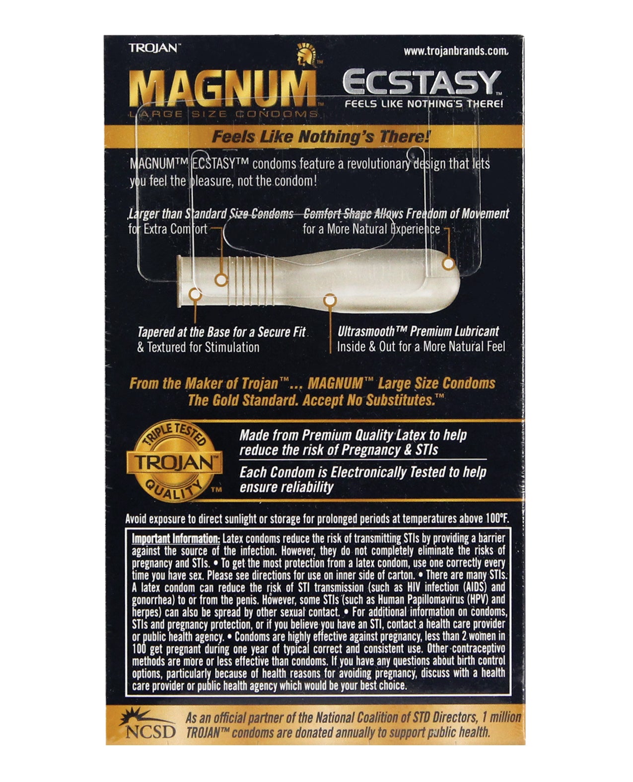 Trojan Magnum Ecstasy Box containing large-sized condoms designed for comfort and enhanced pleasure.