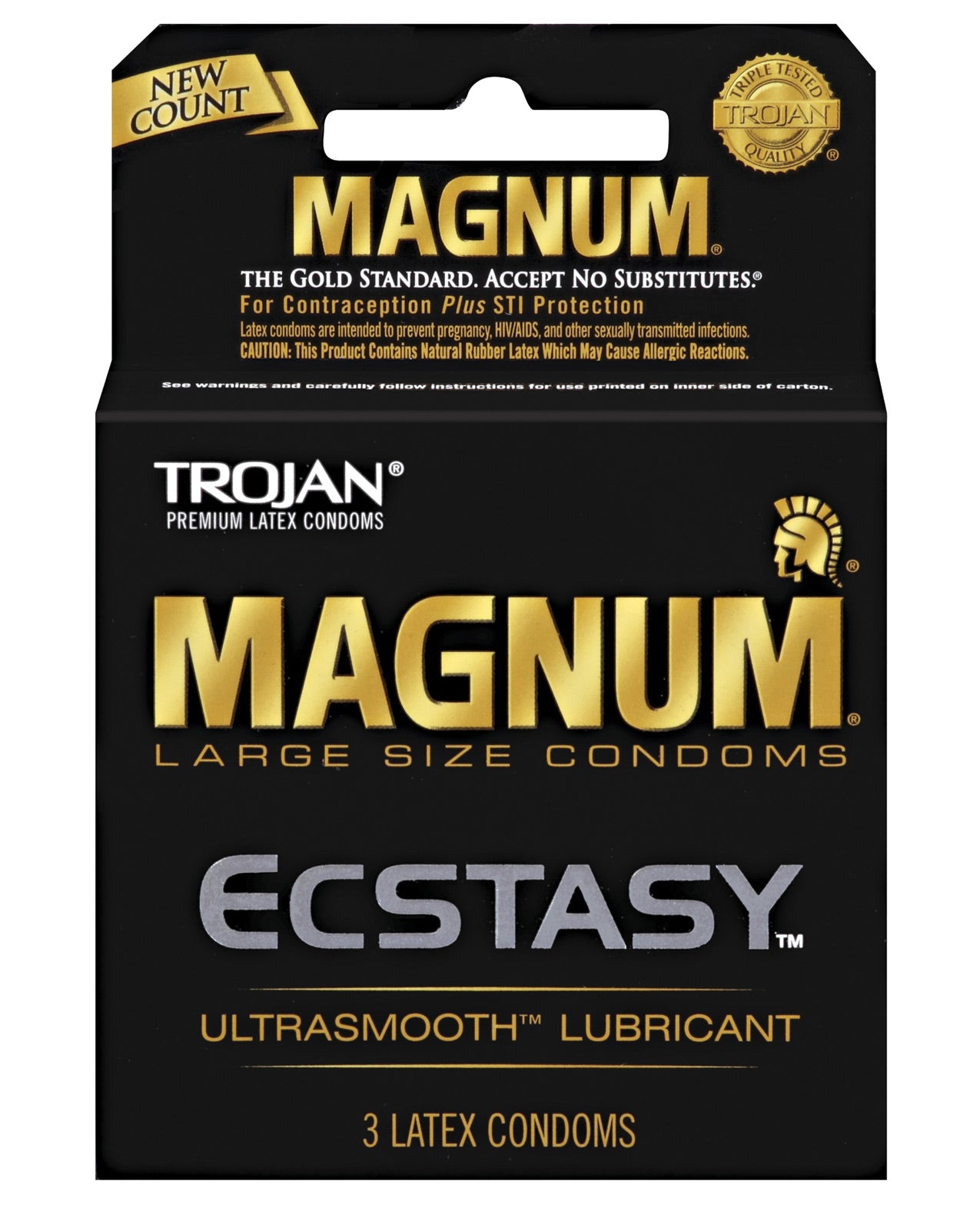 Trojan Magnum Ecstasy Box of 3 large-sized condoms, featuring a sleek design and clear packaging.