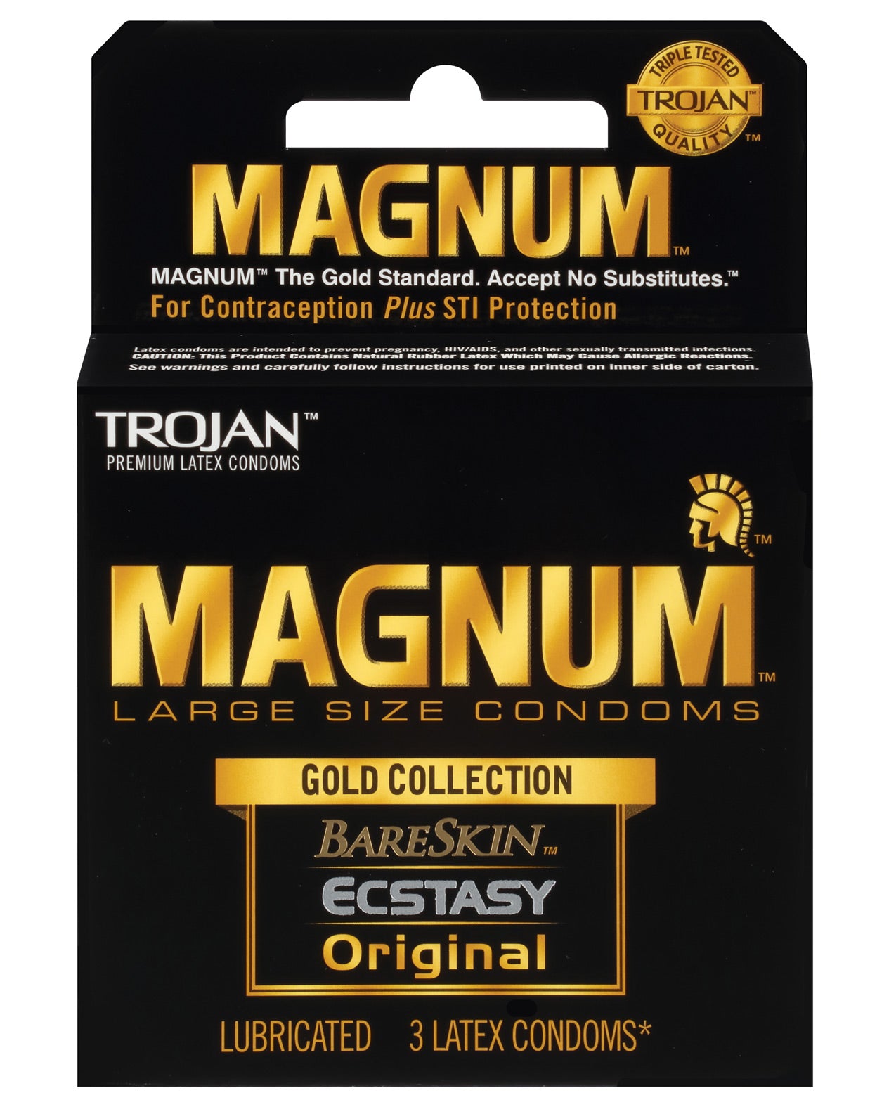 Trojan Magnum Gold Collection Box 3 featuring three large size condoms: Ecstasy, BareSkin, and Lubricated.