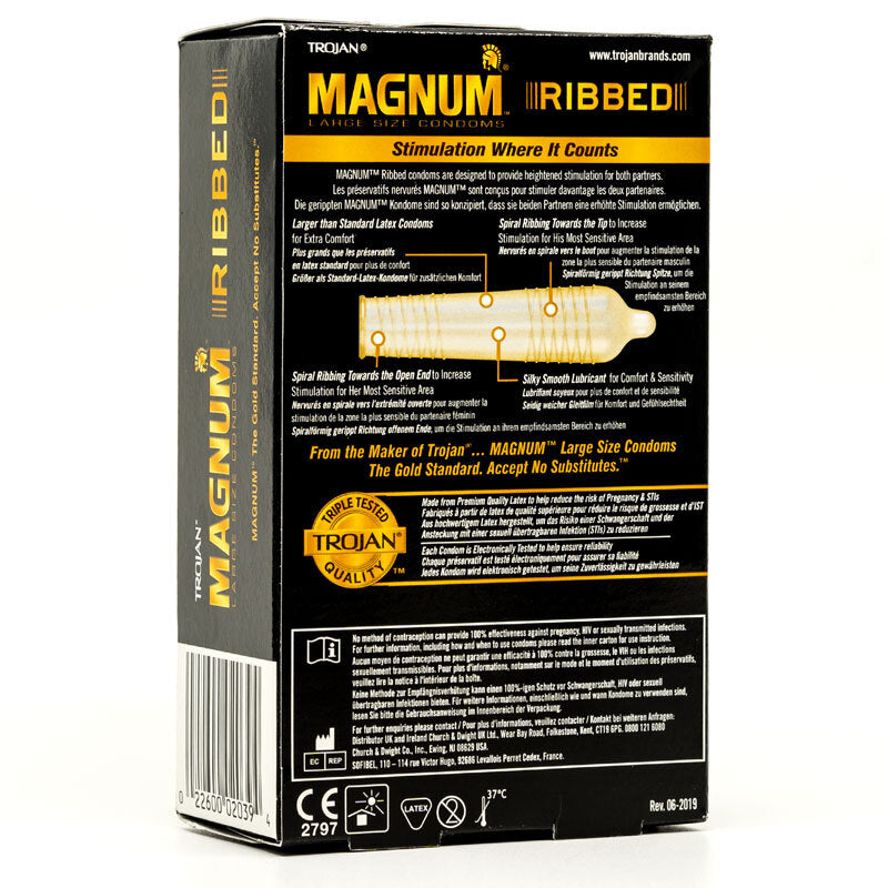 Trojan Magnum Ribbed Box of 12 condoms featuring spiral ribbing for enhanced stimulation and a comfortable fit for larger sizes.