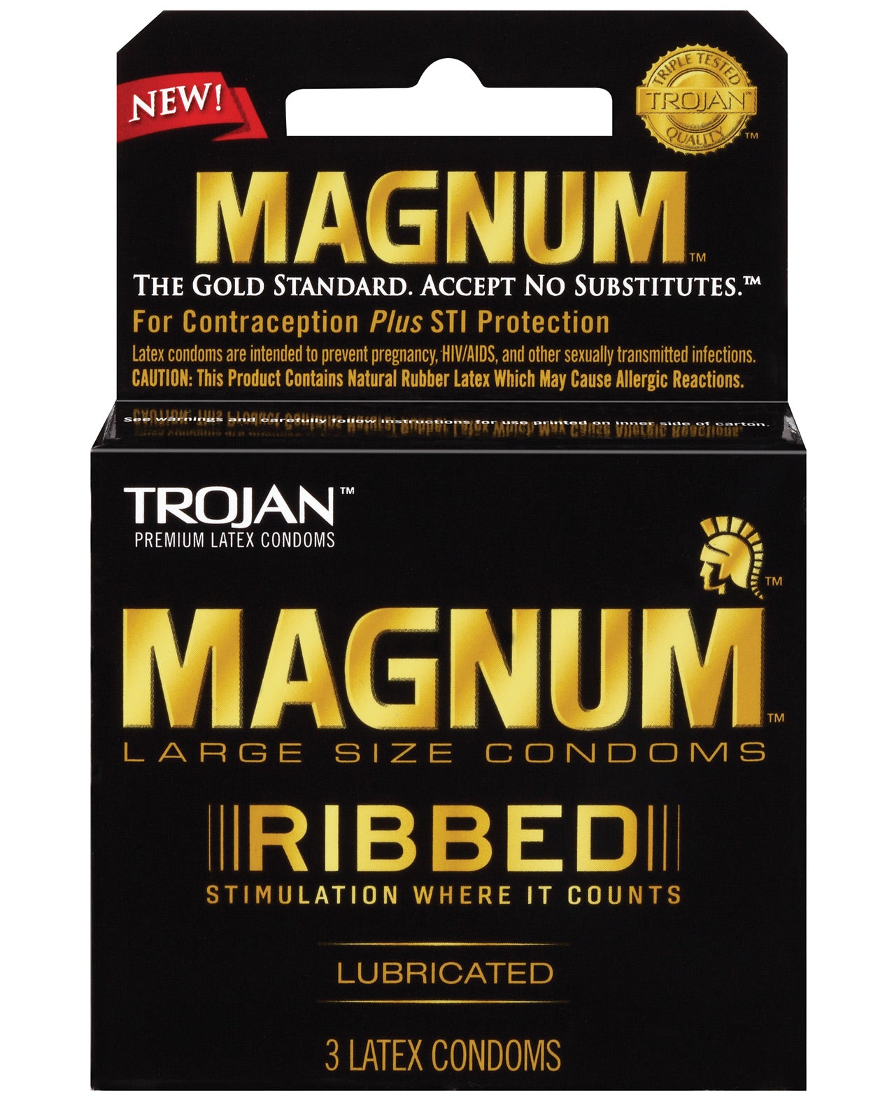 Trojan Magnum Ribbed Box 3 featuring ribbed condoms designed for enhanced stimulation and larger fit.