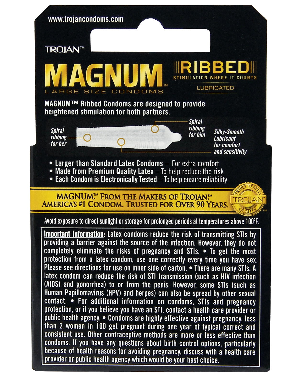 Trojan Magnum Ribbed Box 3 featuring ribbed condoms designed for enhanced stimulation and larger fit.