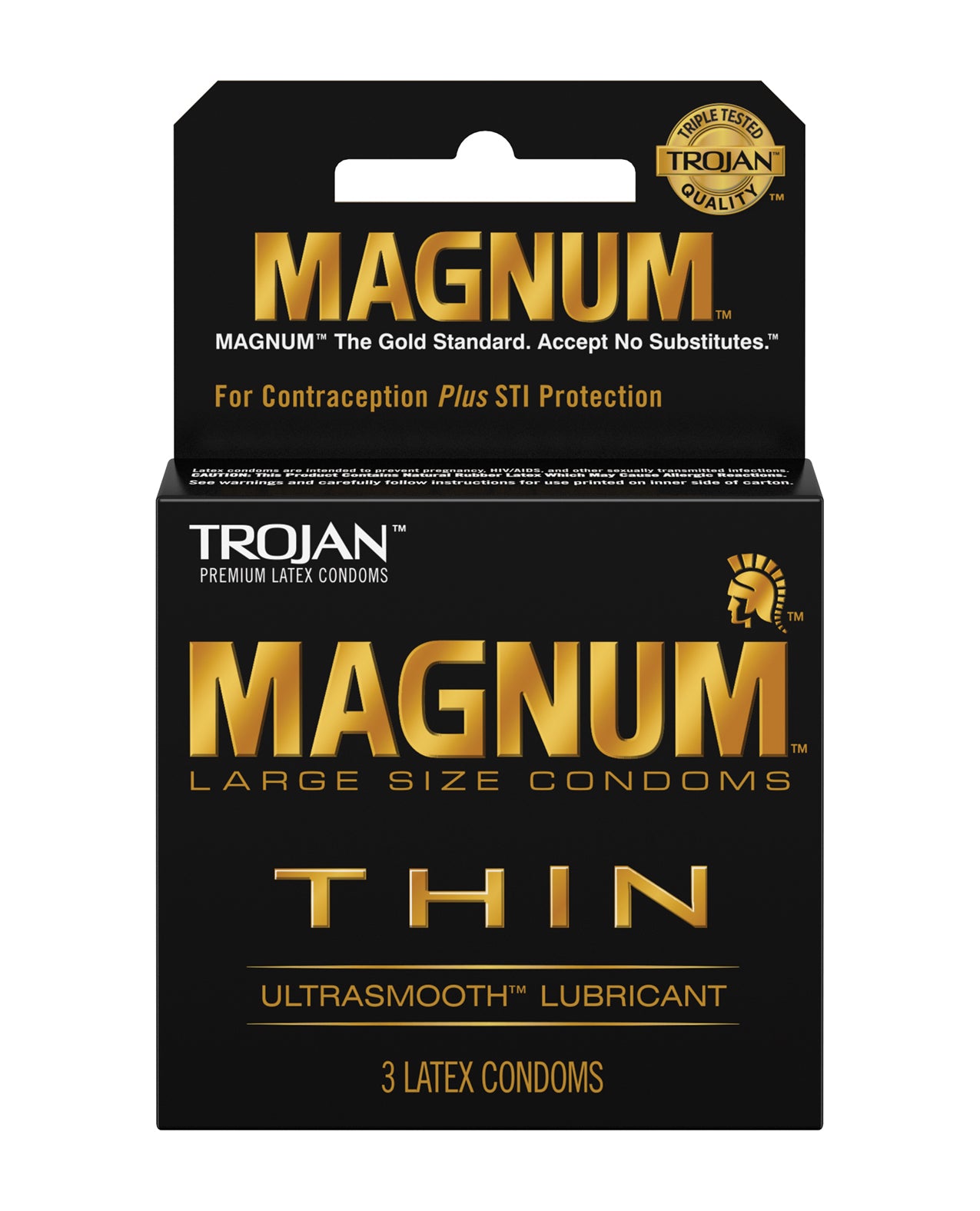 Trojan Magnum Thin Box 3 featuring larger, ultra-thin lubricated condoms for enhanced comfort and pleasure.