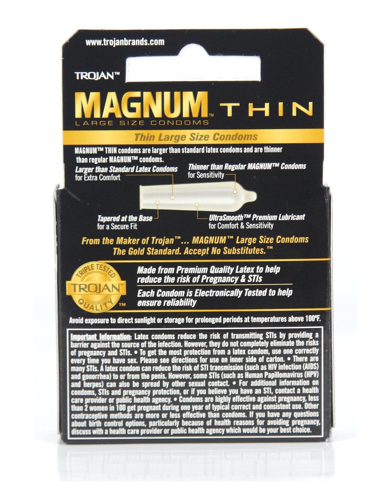 Trojan Magnum Thin Box 3 featuring larger, ultra-thin lubricated condoms for enhanced comfort and pleasure.