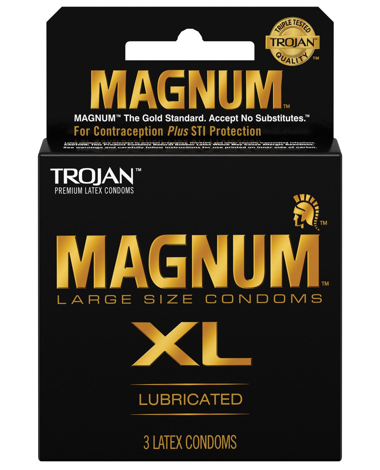 Trojan Magnum XL Box 3 featuring large condoms designed for comfort and safety, with a sleek packaging showcasing the brand's logo.