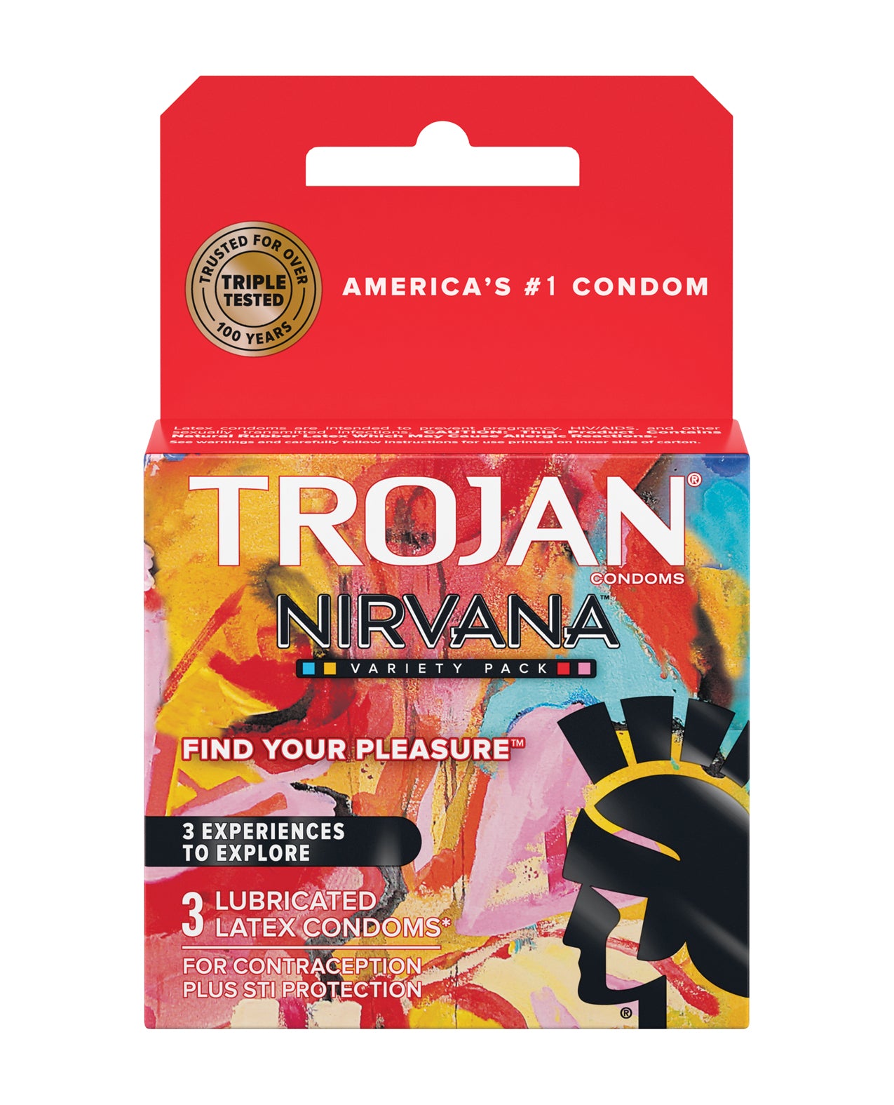 Trojan Nirvana Box 3 featuring three unique condoms for enhanced pleasure and comfort.