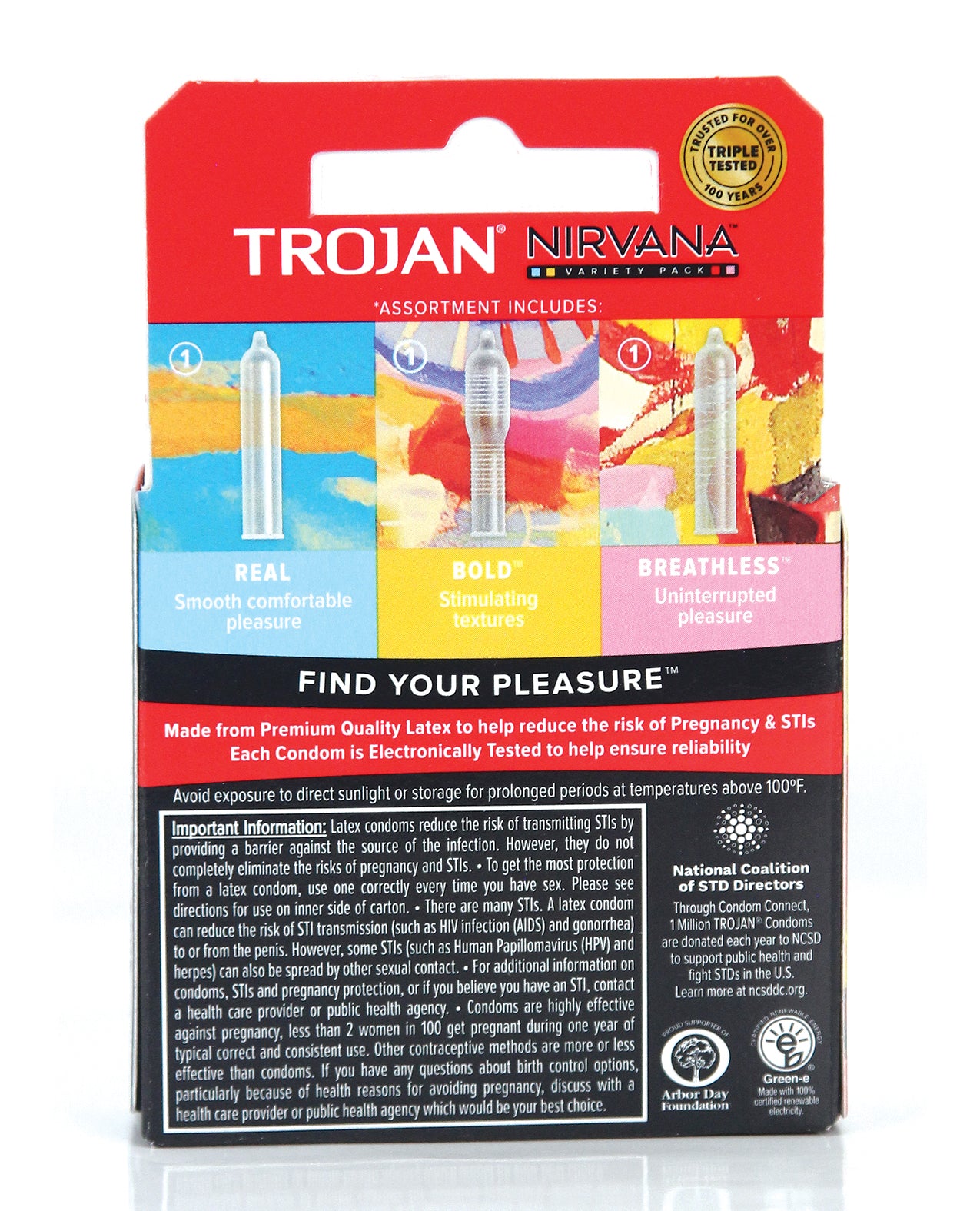 Trojan Nirvana Box 3 featuring three unique condoms for enhanced pleasure and comfort.