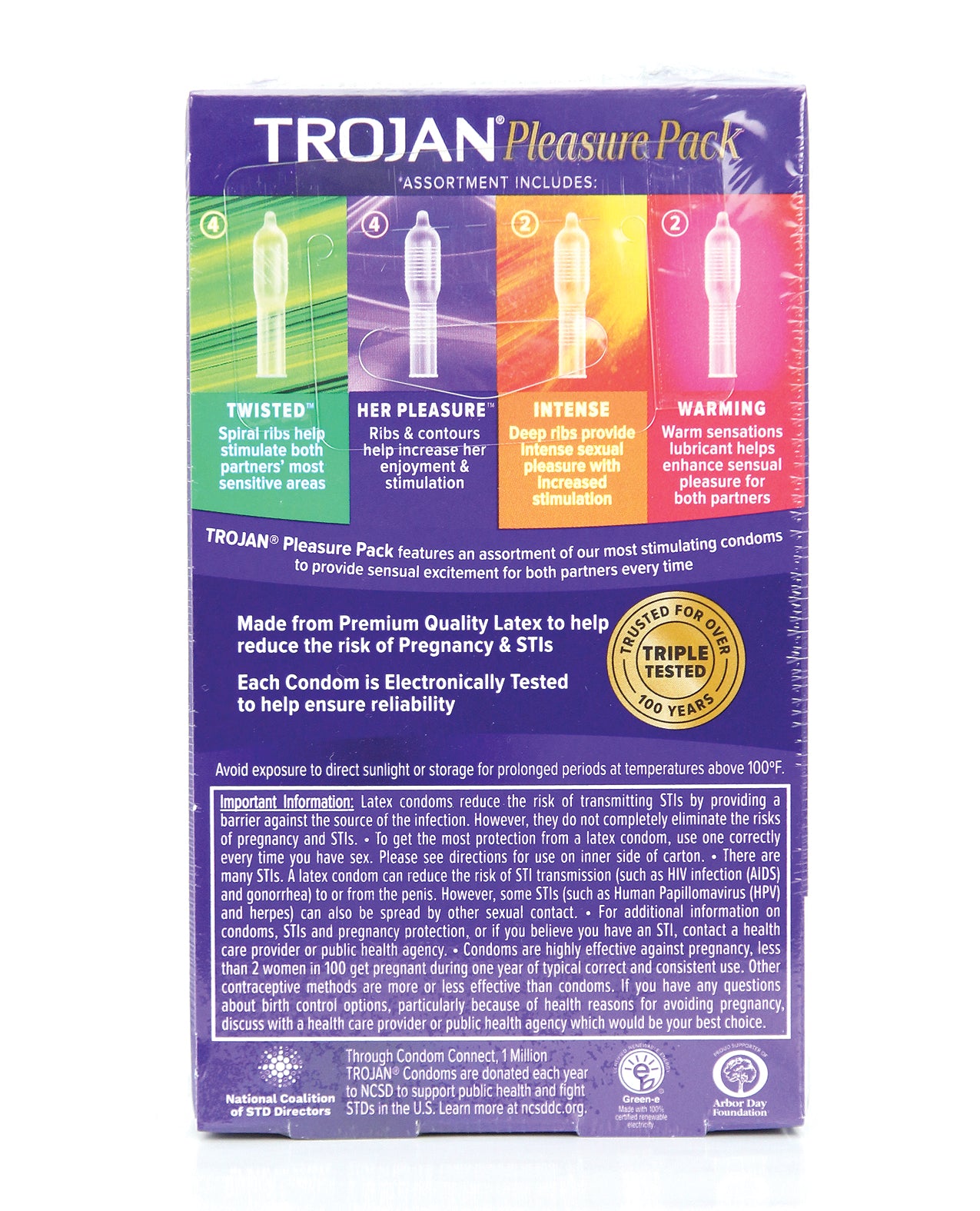 Trojan Pleasure Pack Box 12 featuring various stimulating condoms designed for enhanced pleasure.