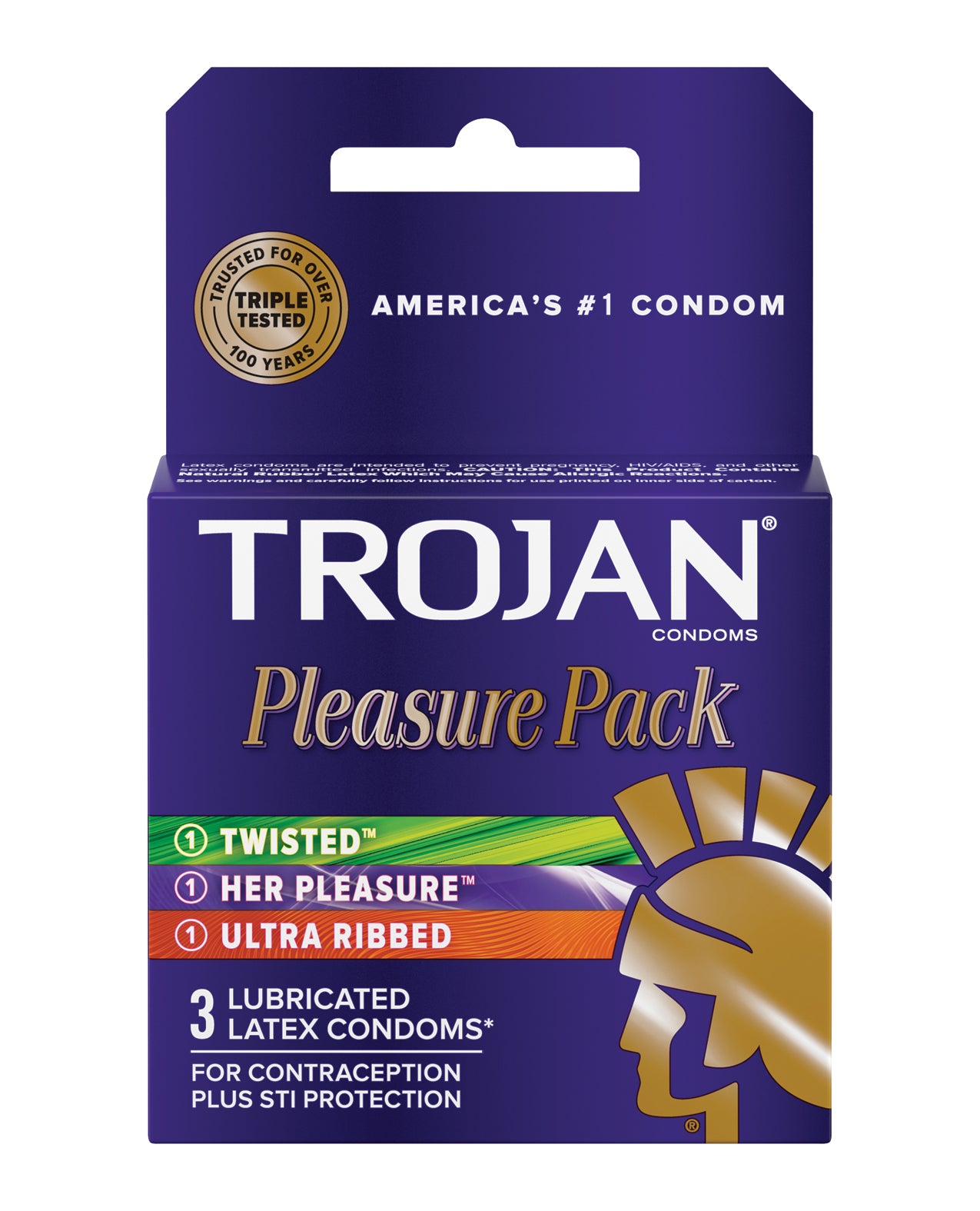 Trojan Pleasure Pack Box 3 featuring Twisted, Her Pleasure, and Intense condoms, designed for enhanced pleasure and satisfaction.