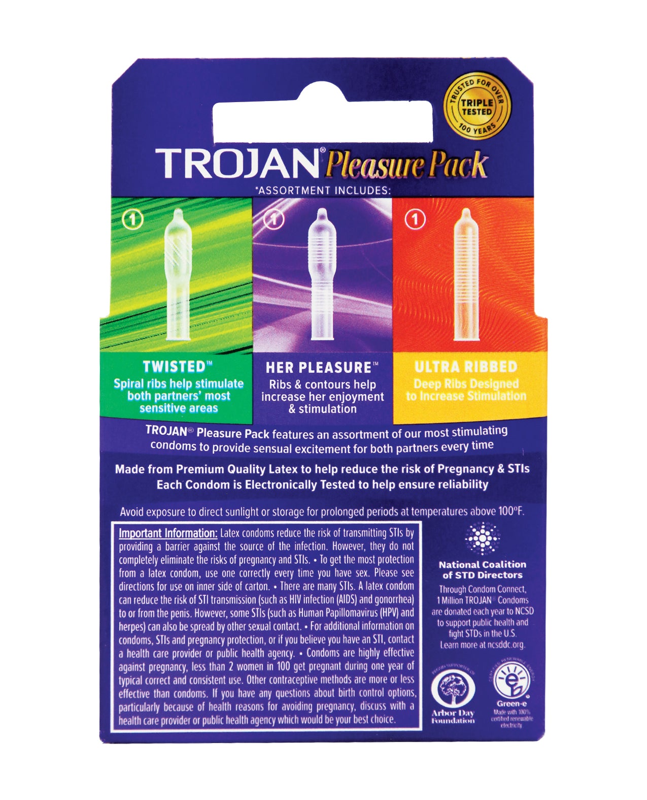 Trojan Pleasure Pack Box 3 featuring Twisted, Her Pleasure, and Intense condoms, designed for enhanced pleasure and satisfaction.