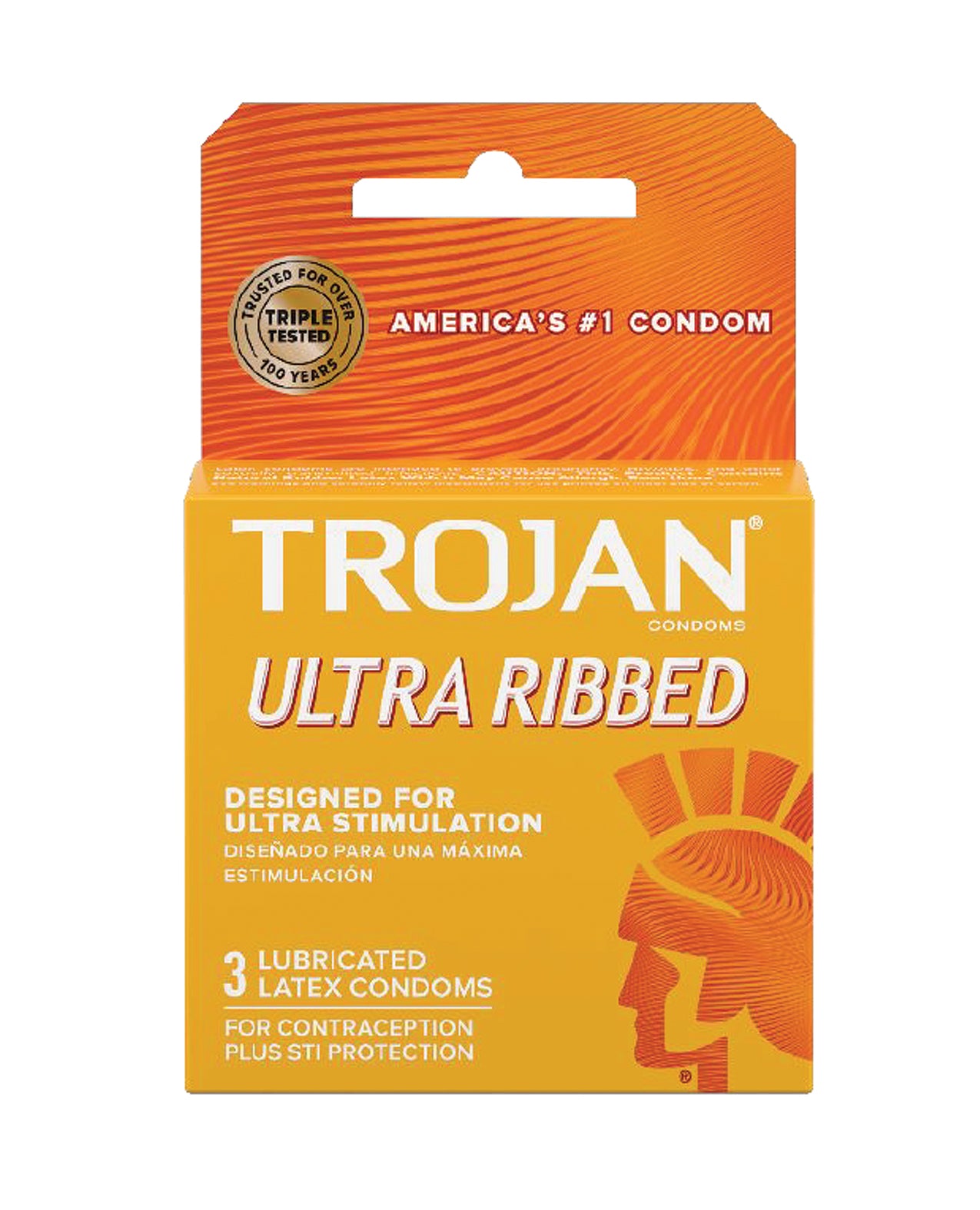 Trojan Ultra Ribbed Box 3 condoms featuring deep ribbing for enhanced stimulation and silky-smooth lubricant for comfort.