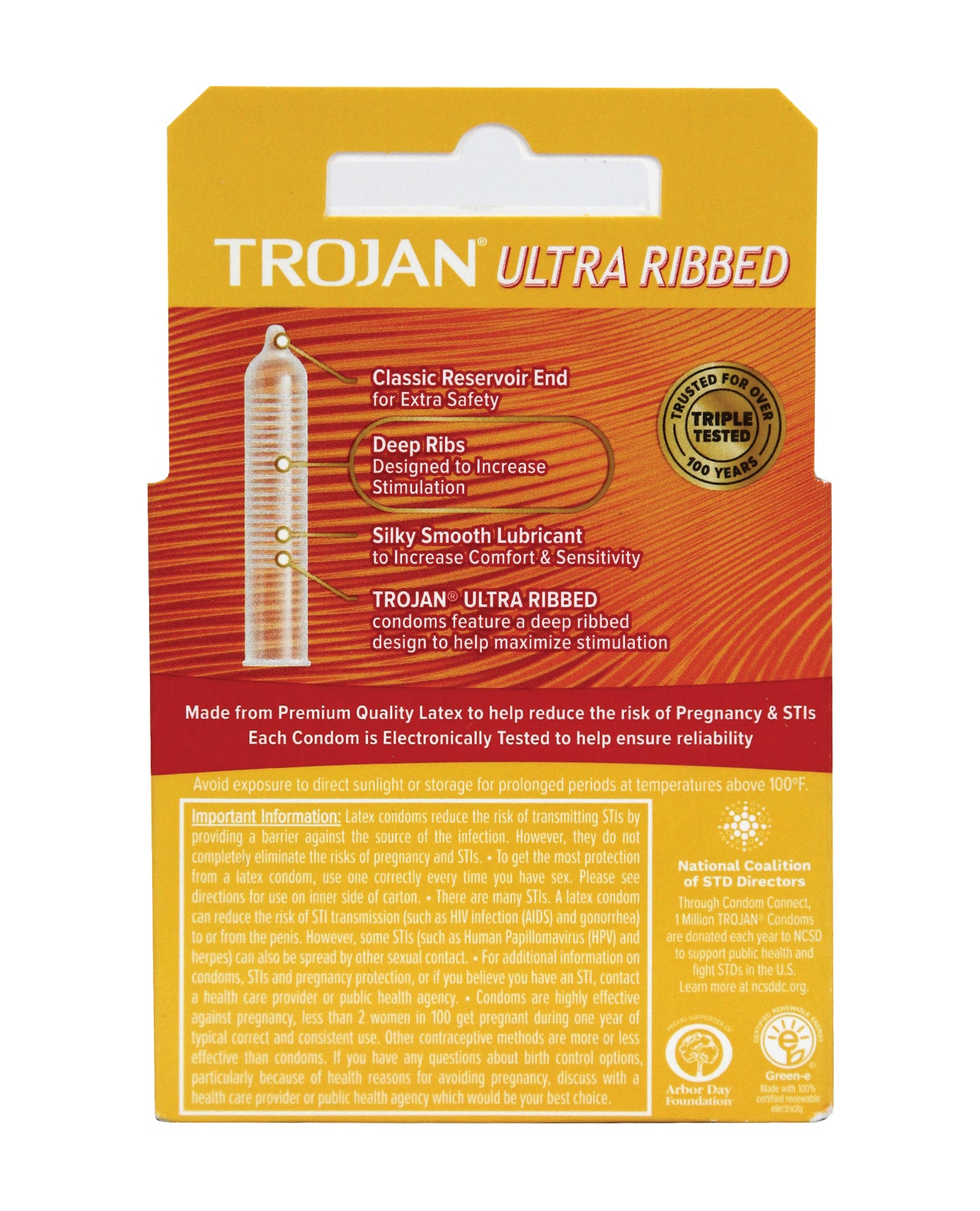 Trojan Ultra Ribbed Box 3 condoms featuring deep ribbing for enhanced stimulation and silky-smooth lubricant for comfort.