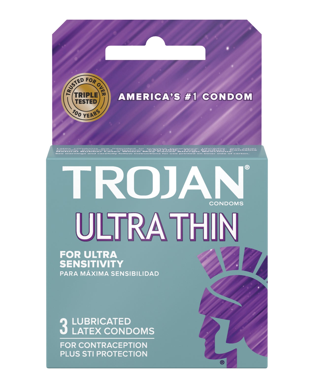 Trojan Ultra Thin Box 3 condoms, featuring ultra-thin design for heightened sensitivity and silky smooth lubricant.