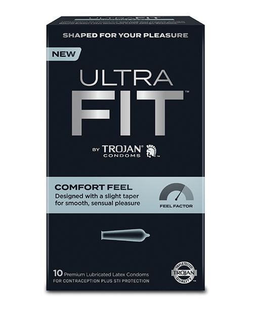 Trojan Ultrafit Comfort Feel Box of condoms featuring a unique tapered and flared design for enhanced comfort and pleasure.