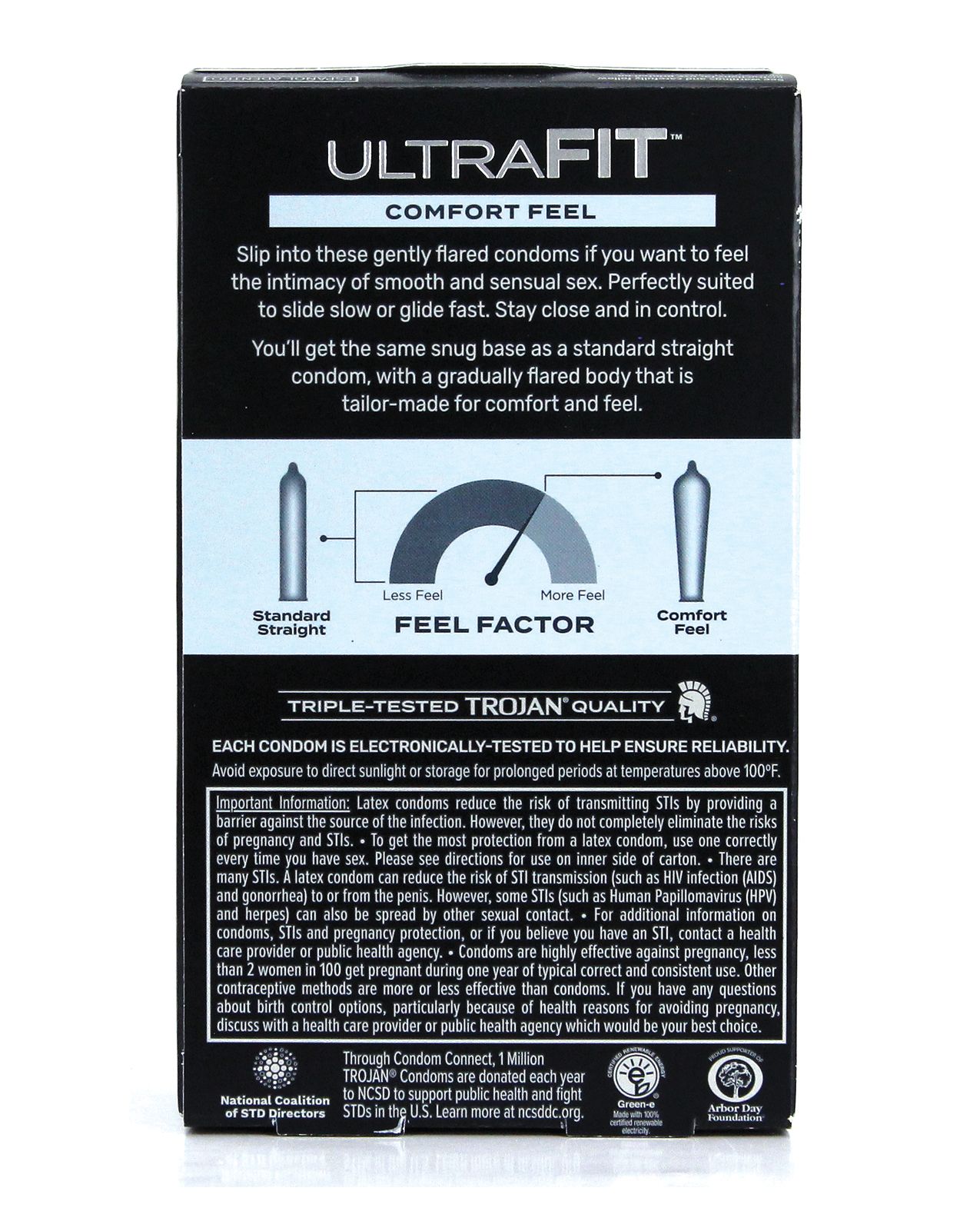 Trojan Ultrafit Comfort Feel Box of condoms featuring a unique tapered and flared design for enhanced comfort and pleasure.