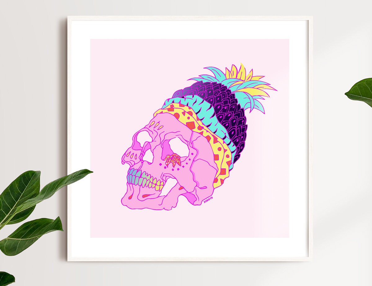 A vibrant fine art print titled 'Tropical is not dead', featuring colorful South American-inspired designs with a white margin and handwritten details.