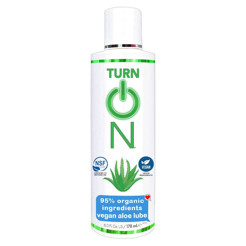 TURN ON 95% Organic Ingredients Vegan Aloe lubricant bottle, showcasing its sleek design and eco-friendly label.