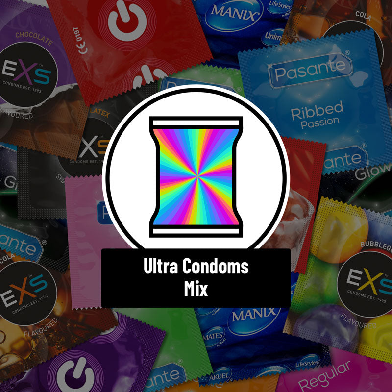 A colorful assortment of Ultra Condom Mix featuring various brands, shapes, and flavors, showcasing the diversity of options available.