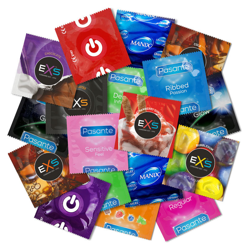 A colorful assortment of Ultra Condom Mix featuring various brands, shapes, and flavors, showcasing the diversity of options available.