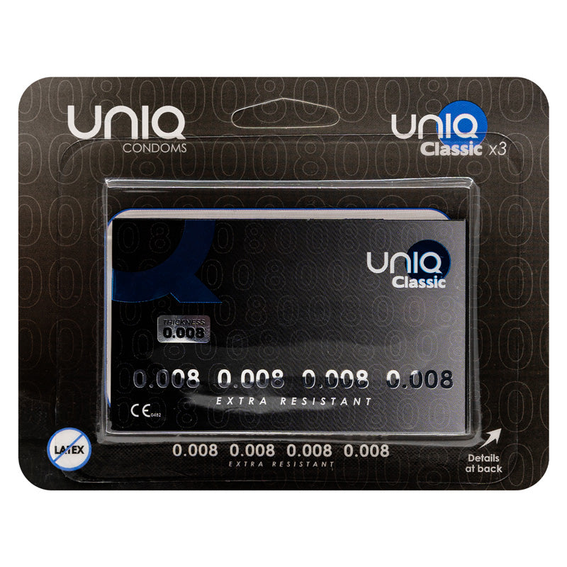 Uniq Classic 0008 Pack 3 condoms in modern credit card packaging, showcasing their ultra-thin design and non-latex material.