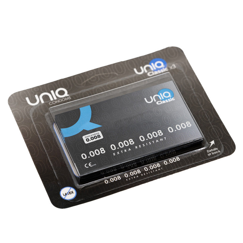 Uniq Classic 0008 Pack 3 condoms in modern credit card packaging, showcasing their ultra-thin design and non-latex material.