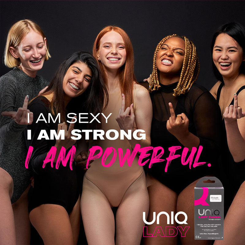 Uniq Lady Female Condoms Box of 3 with lubricants, featuring a sleek design and hypoallergenic material.