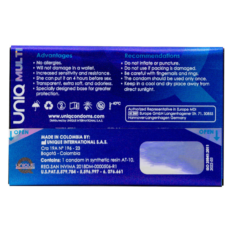 Uniq Multi Non-Latex 0008 Pack 3 condoms, showcasing their ultra-thin design and modern packaging.