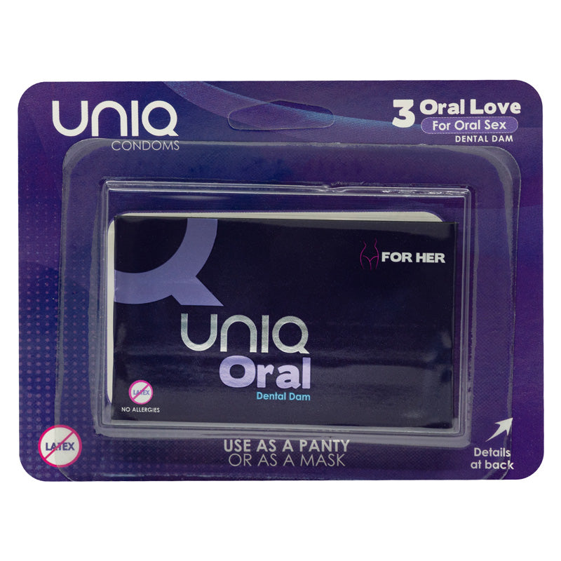 Uniq Oral Love Dental Dams Pack 3 featuring transparent, extra soft dental dams in unique card packaging.