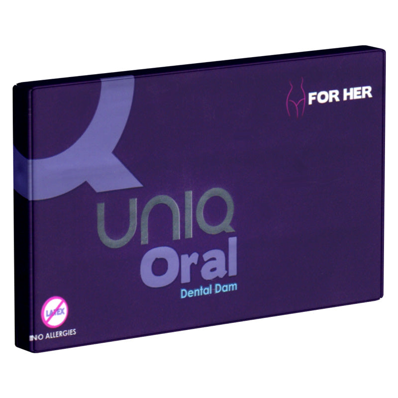 Uniq Oral Love Dental Dams Pack 3 featuring transparent, extra soft dental dams in unique card packaging.