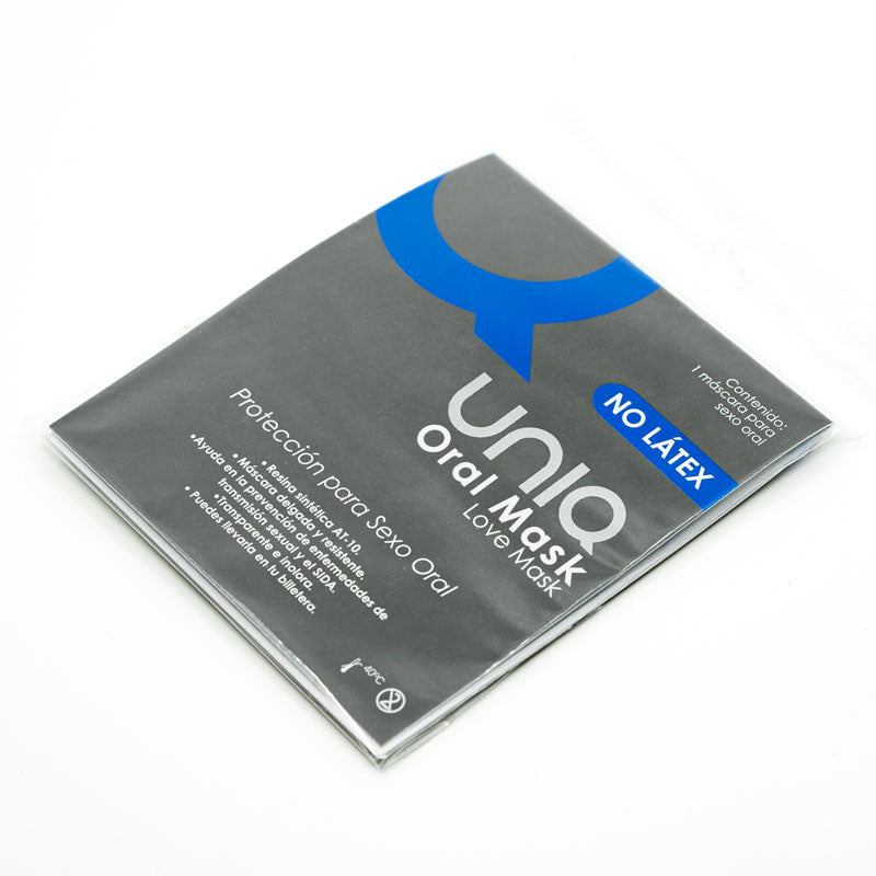 Uniq Oral Protection Mask in discreet packaging, ultra-thin and transparent for safe oral activities.