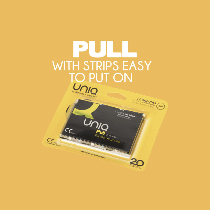 Uniq Pull condoms Pack of 3 with unique pulling strip system, hypoallergenic, and latex-free design, packaged in a compact credit card-sized pack.