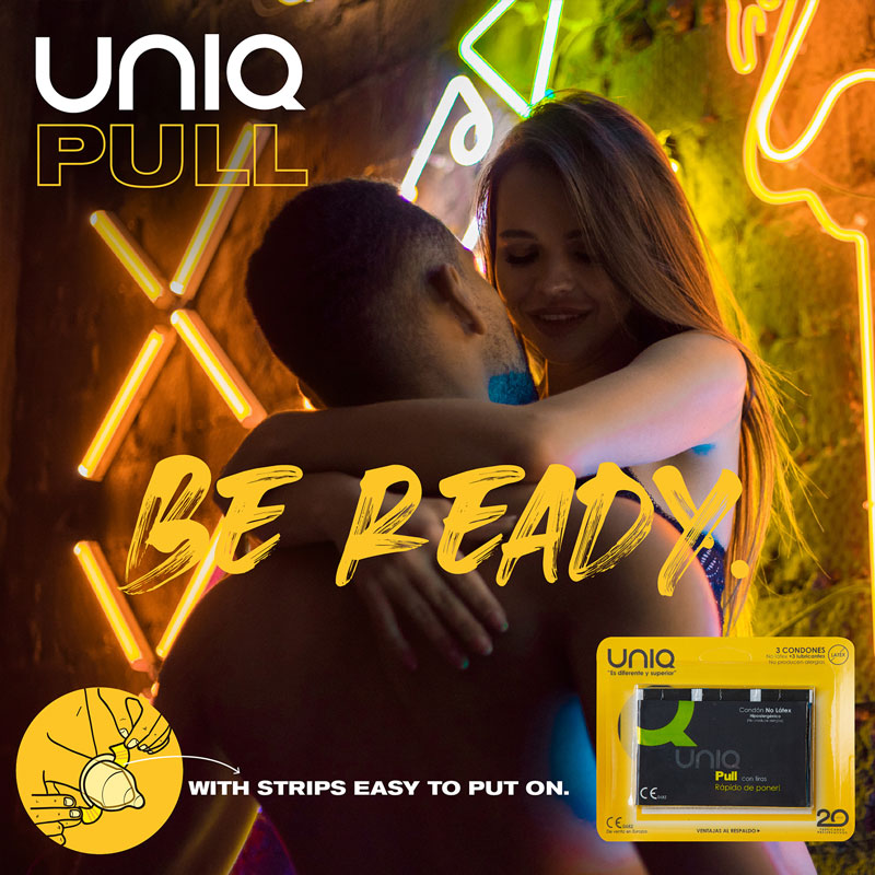 Uniq Pull condoms Pack of 3 with unique pulling strip system, hypoallergenic, and latex-free design, packaged in a compact credit card-sized pack.