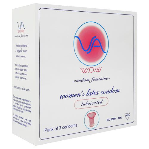 VA W.O.W Female Condoms Box containing 3 individually wrapped condoms, showcasing the product's packaging and design.