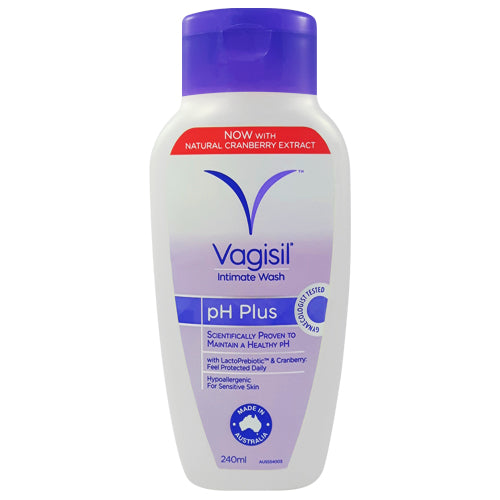 Vagisil pH Plus Intimate Wash 240ml bottle with a light aloe and cranberry scent, designed for sensitive skin.