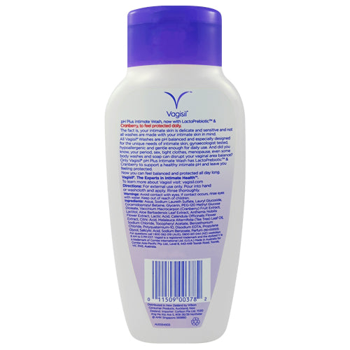 Vagisil pH Plus Intimate Wash 240ml bottle with a light aloe and cranberry scent, designed for sensitive skin.