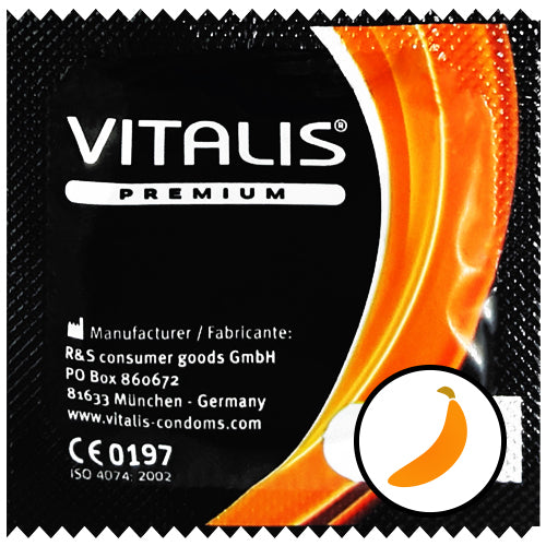 Vitalis Banana flavored condoms in yellow packaging, showcasing their smooth texture and premium quality.