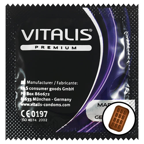 Vitalis Chocolate condoms in black packaging, featuring smooth texture and chocolate flavor for enhanced pleasure.