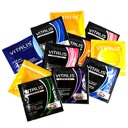 A variety of Vitalis condoms in different shapes, textures, colors, and flavors, showcasing the premium quality and diversity of the product.