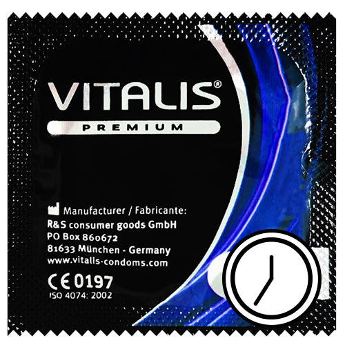 Vitalis Delay & Cooling condoms in packaging, showcasing their transparent natural rubber latex design and cooling gel feature.