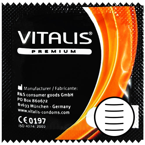 Vitalis Ribbed condom package showcasing ribbed texture and premium quality.