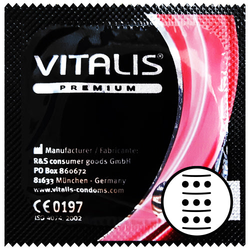 Vitalis Sensation condoms featuring ribbed and dotted texture for enhanced stimulation, made from natural rubber latex.