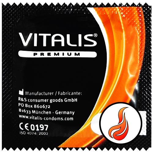 Vitalis Stimulation & Warming condoms in packaging, showcasing their premium quality and stimulating gel for enhanced pleasure.